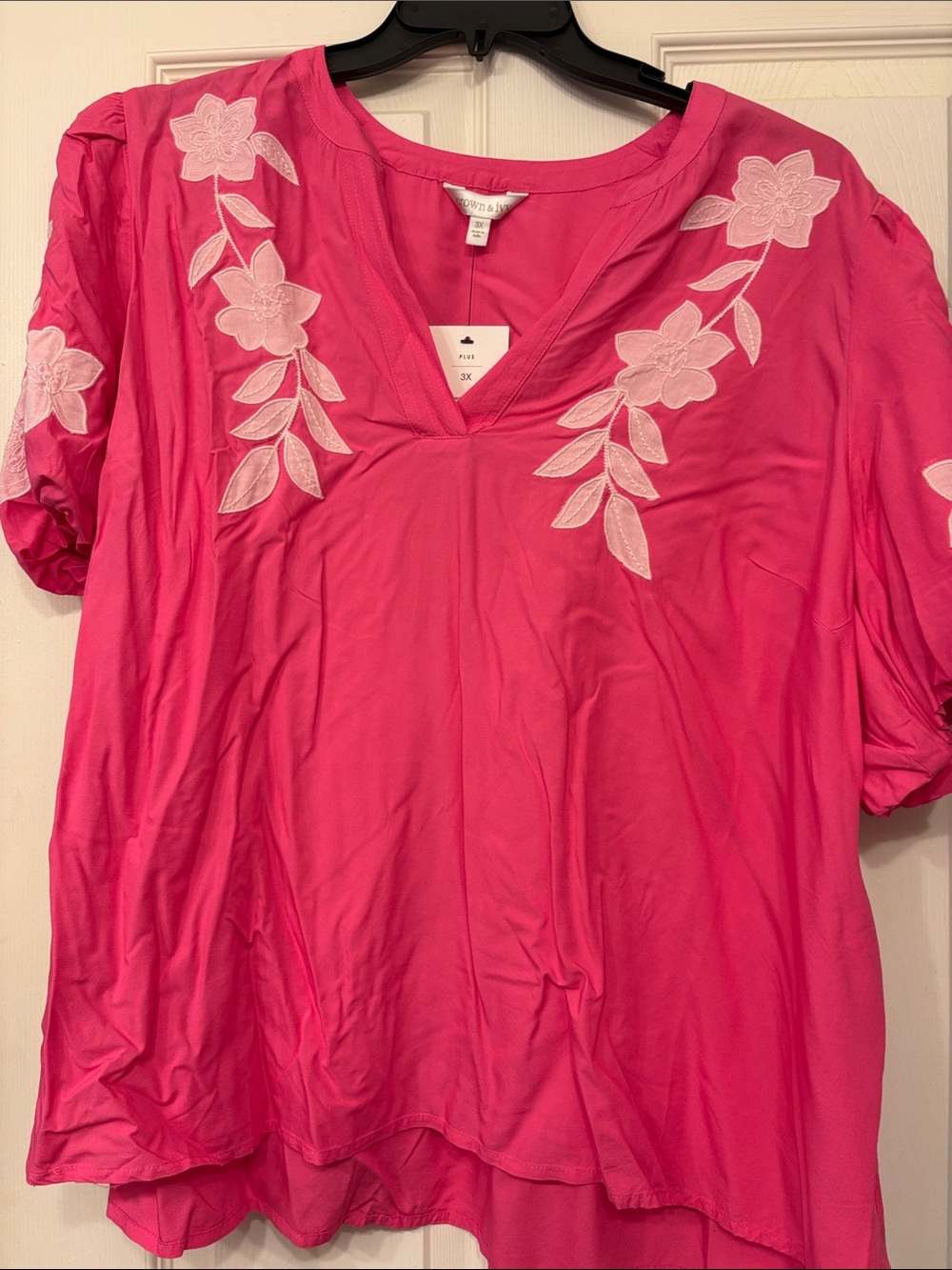 crown & ivy Hot Pink Embroidered V-Neck Blouse